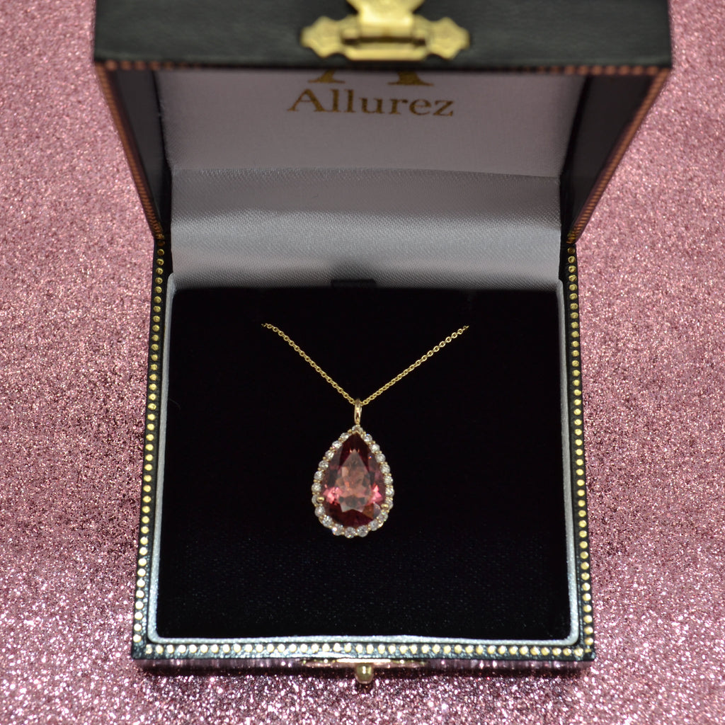 Halo Pink Tourmaline & Diamond Pear Shaped Pendant Necklace 14k Yellow Gold (7.19ct)