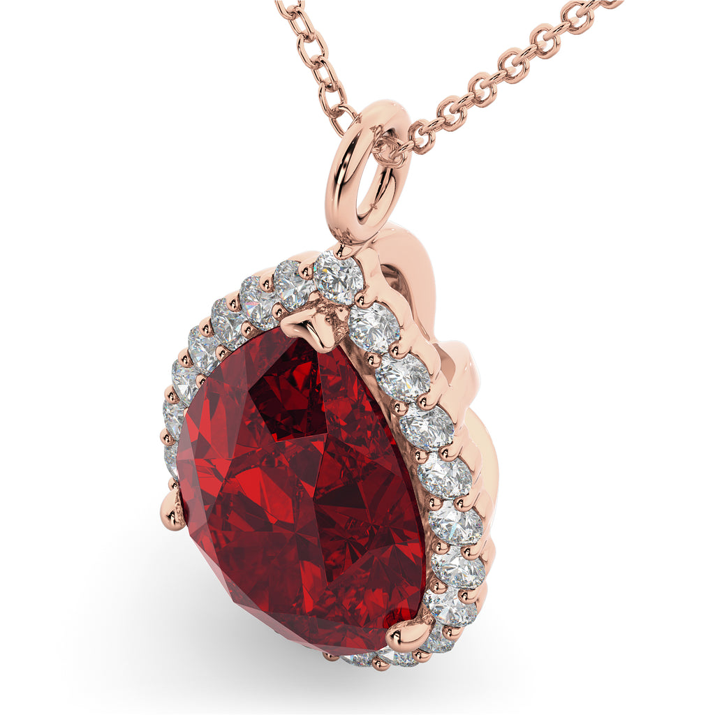 Halo Ruby & Diamond Pear Shaped Pendant Necklace 14k Rose Gold (8.34ct)