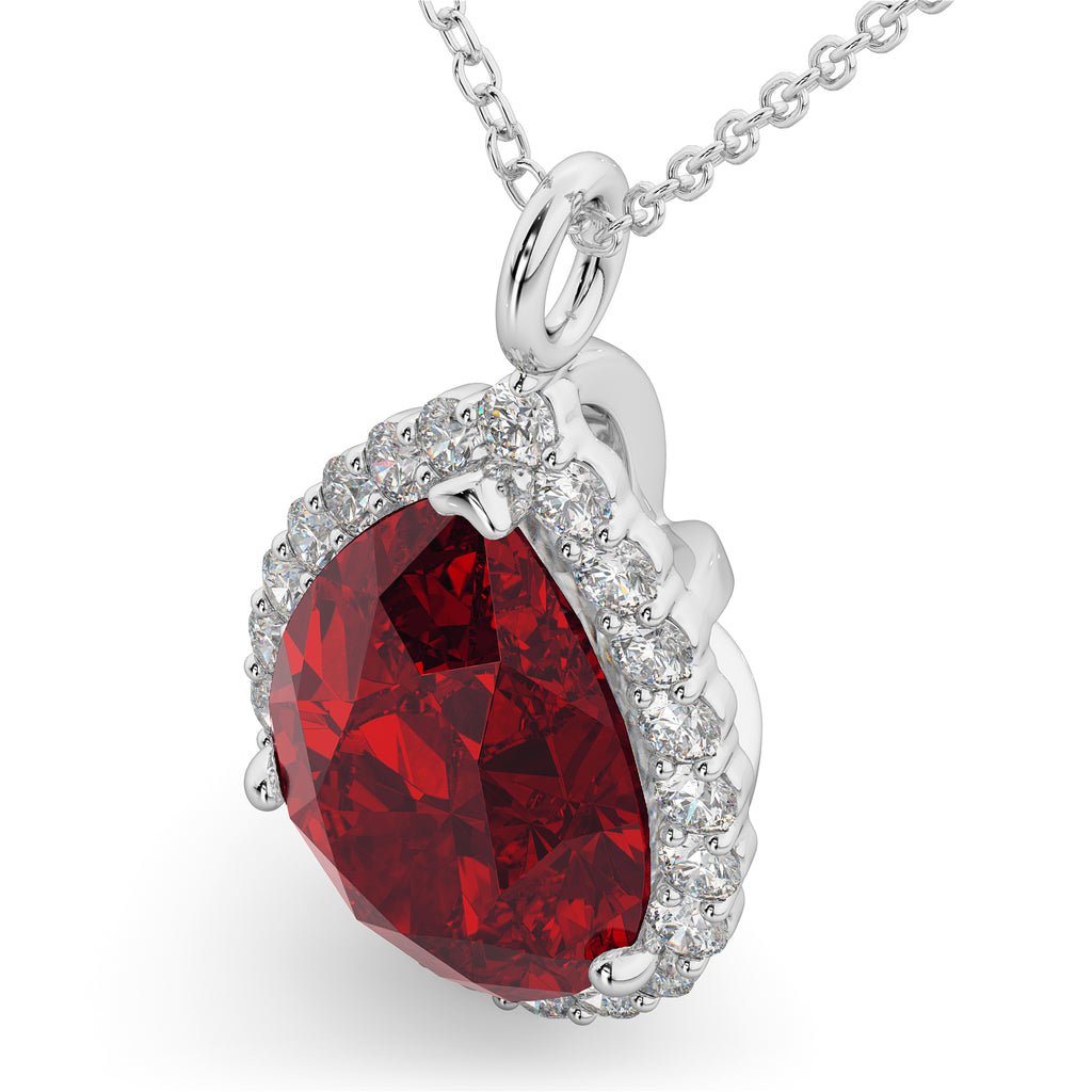 Halo Ruby & Diamond Pear Shaped Pendant Necklace 14k White Gold (8.34ct)