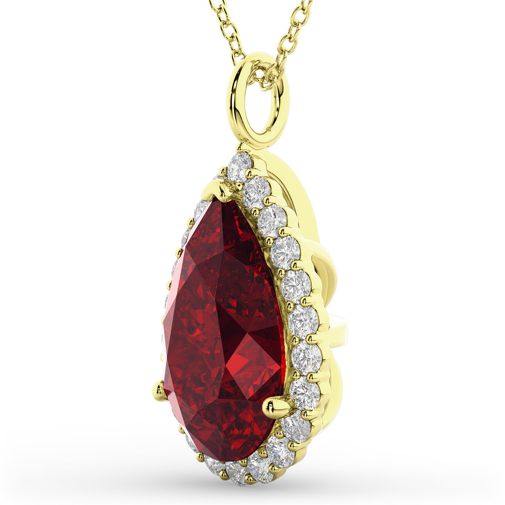 Halo Ruby & Diamond Pear Shaped Pendant Necklace 14k Yellow Gold (8.34ct)