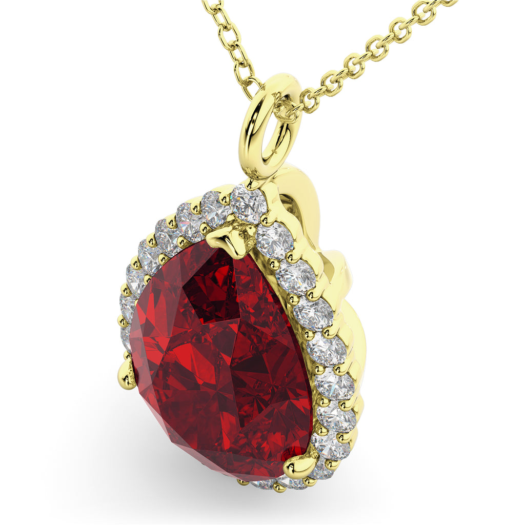 Halo Ruby & Diamond Pear Shaped Pendant Necklace 14k Yellow Gold (8.34ct)
