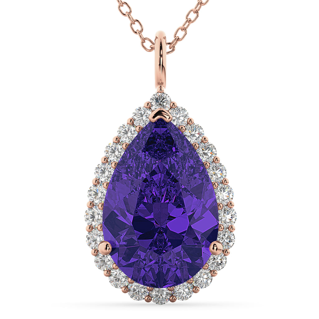 Halo Tanzanite & Diamond Pear Shaped Pendant Necklace 14k Rose Gold (8.34ct)