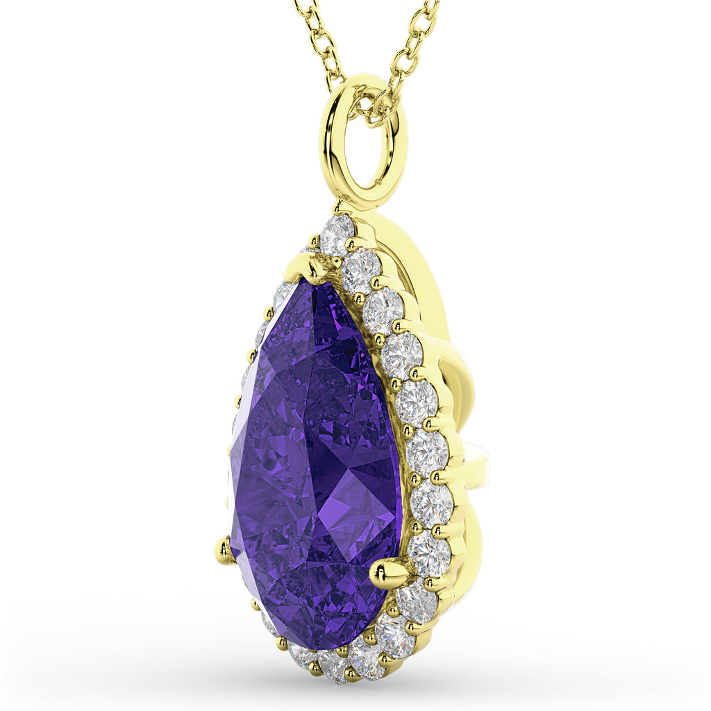 Halo Tanzanite & Diamond Pear Shaped Pendant Necklace 14k Yellow Gold (8.34ct)