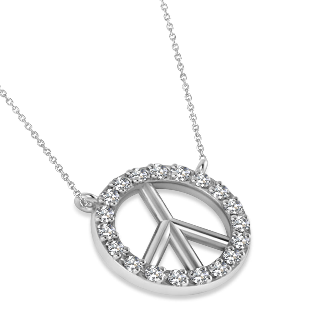 Petite Diamond Peace Sign Charm Pendant Necklace 14K White Gold (0.14ct)