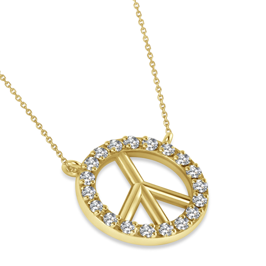 Petite Diamond Peace Sign Charm Pendant Necklace 14K Yellow Gold (0.14ct)