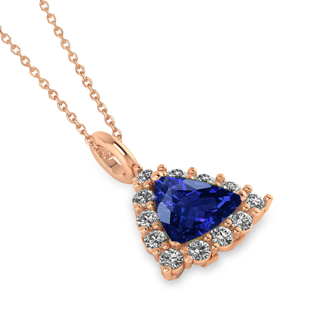 Diamond & Blue Sapphire Trillion Cut Pendant Necklace 14k Rose Gold (1.78ct)