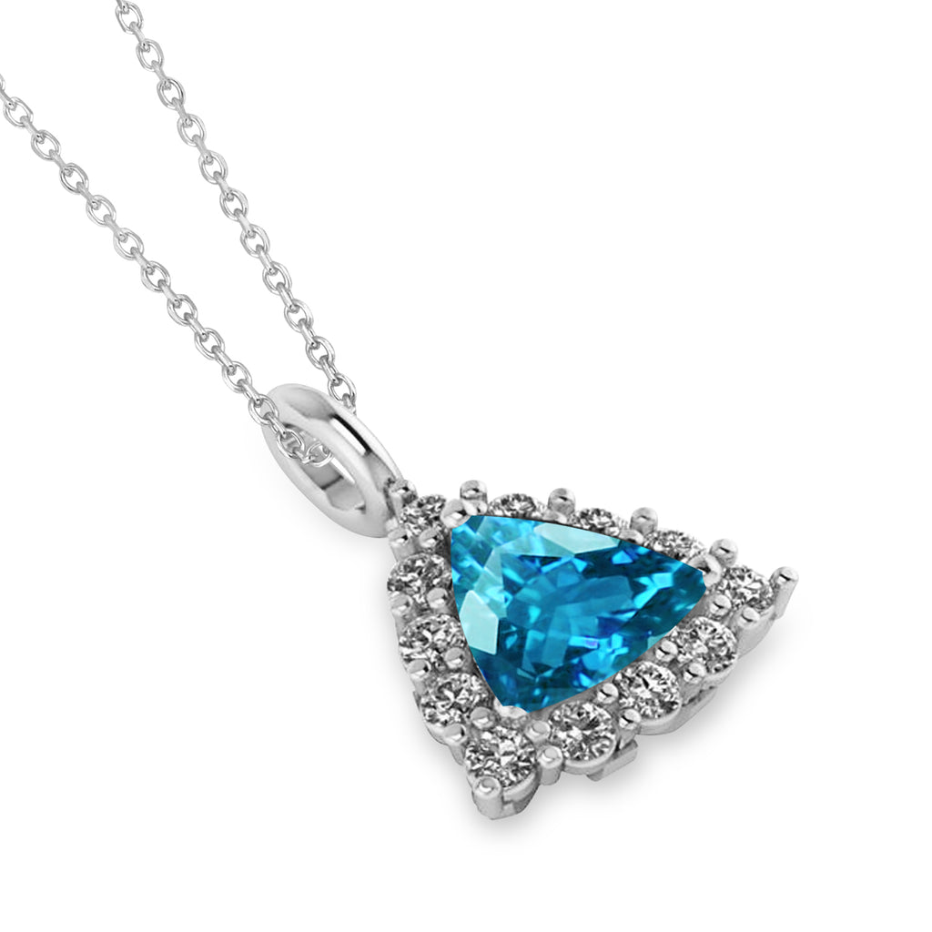 Diamond & Blue Topaz Trillion Cut Pendant Necklace 14k White Gold (1.6ct)