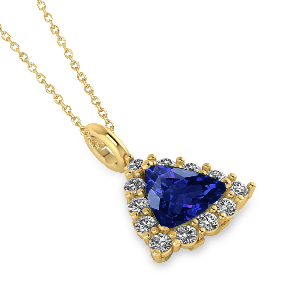 Diamond & Blue Sapphire Trillion Cut Pendant Necklace 14k Yellow Gold (1.78ct)