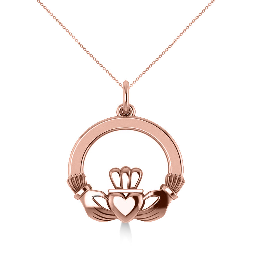 Heart Charm Claddagh Pendant Necklace in 14k Rose Gold