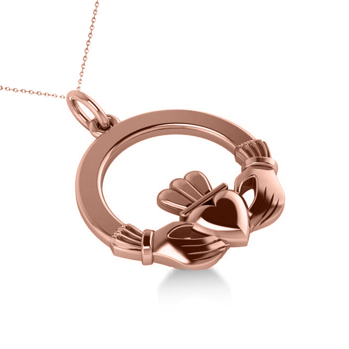 Heart Charm Claddagh Pendant Necklace in 14k Rose Gold