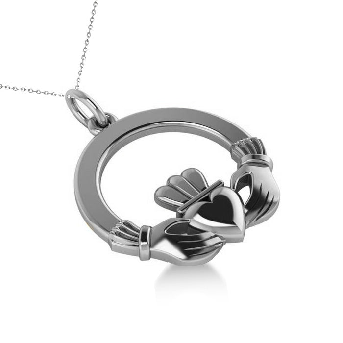 Heart Charm Claddagh Pendant Necklace in 14k White Gold