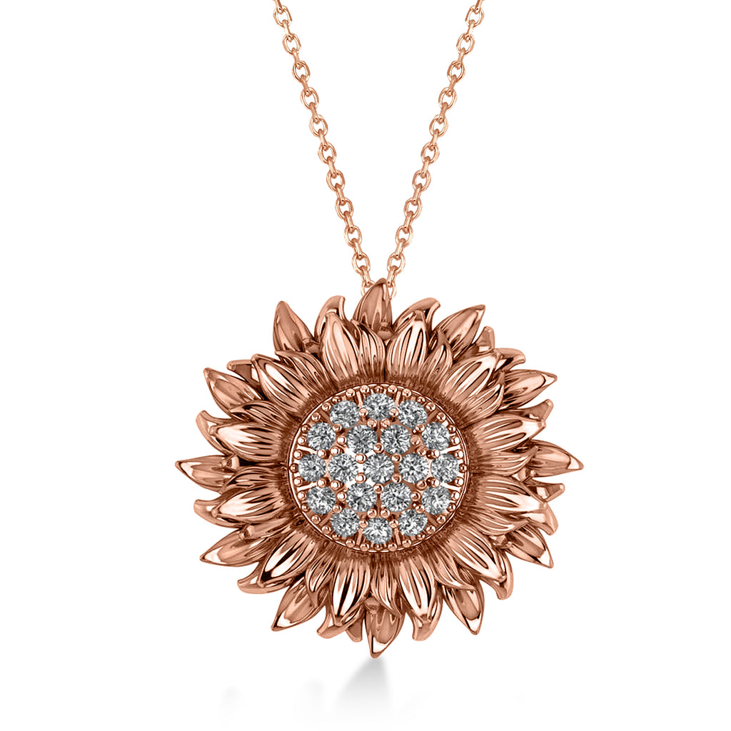 Large Sunflower Diamond Pendant Necklace 14k Rose Gold (0.38ct)