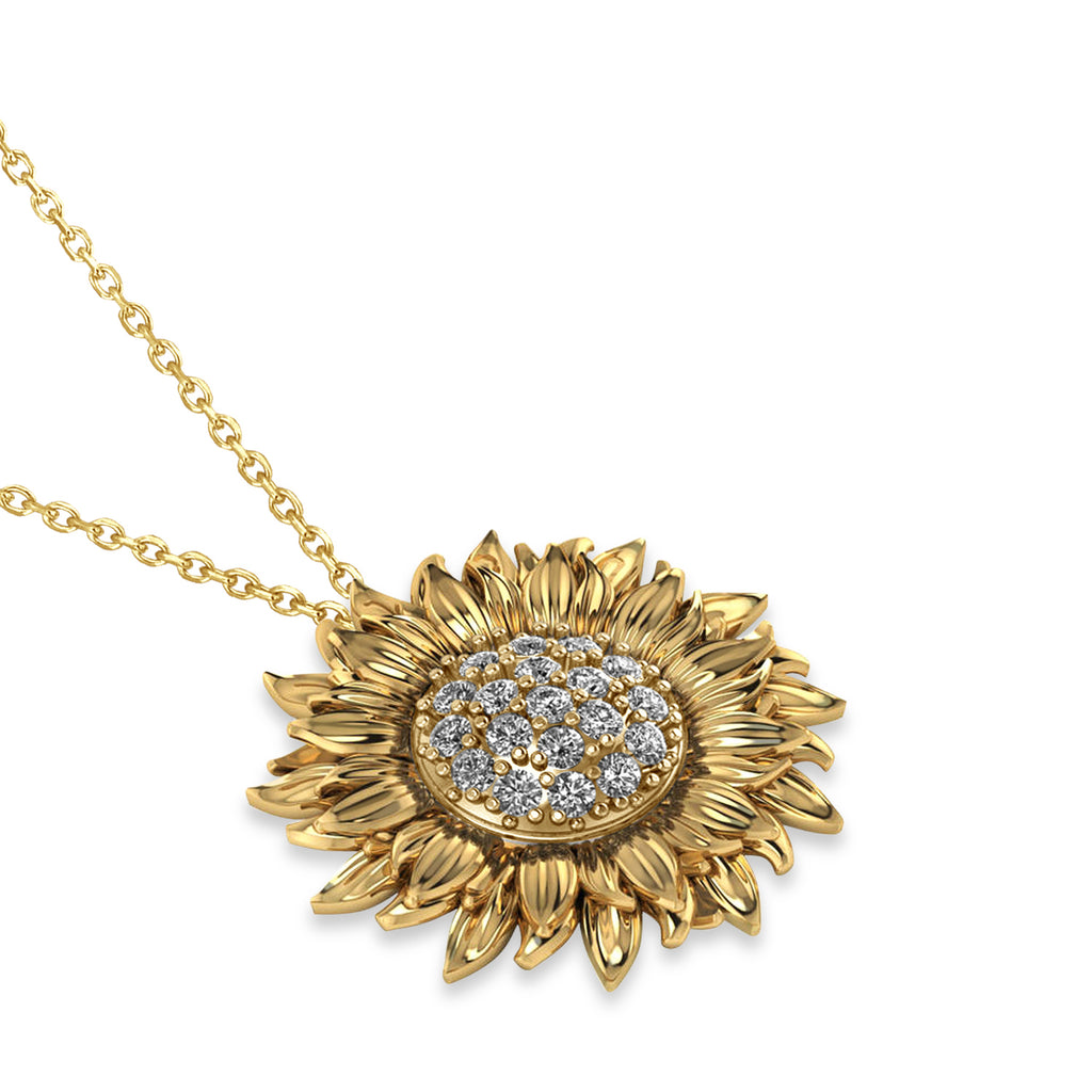 Large Sunflower Diamond Pendant Necklace 14k Yellow Gold (0.38ct)