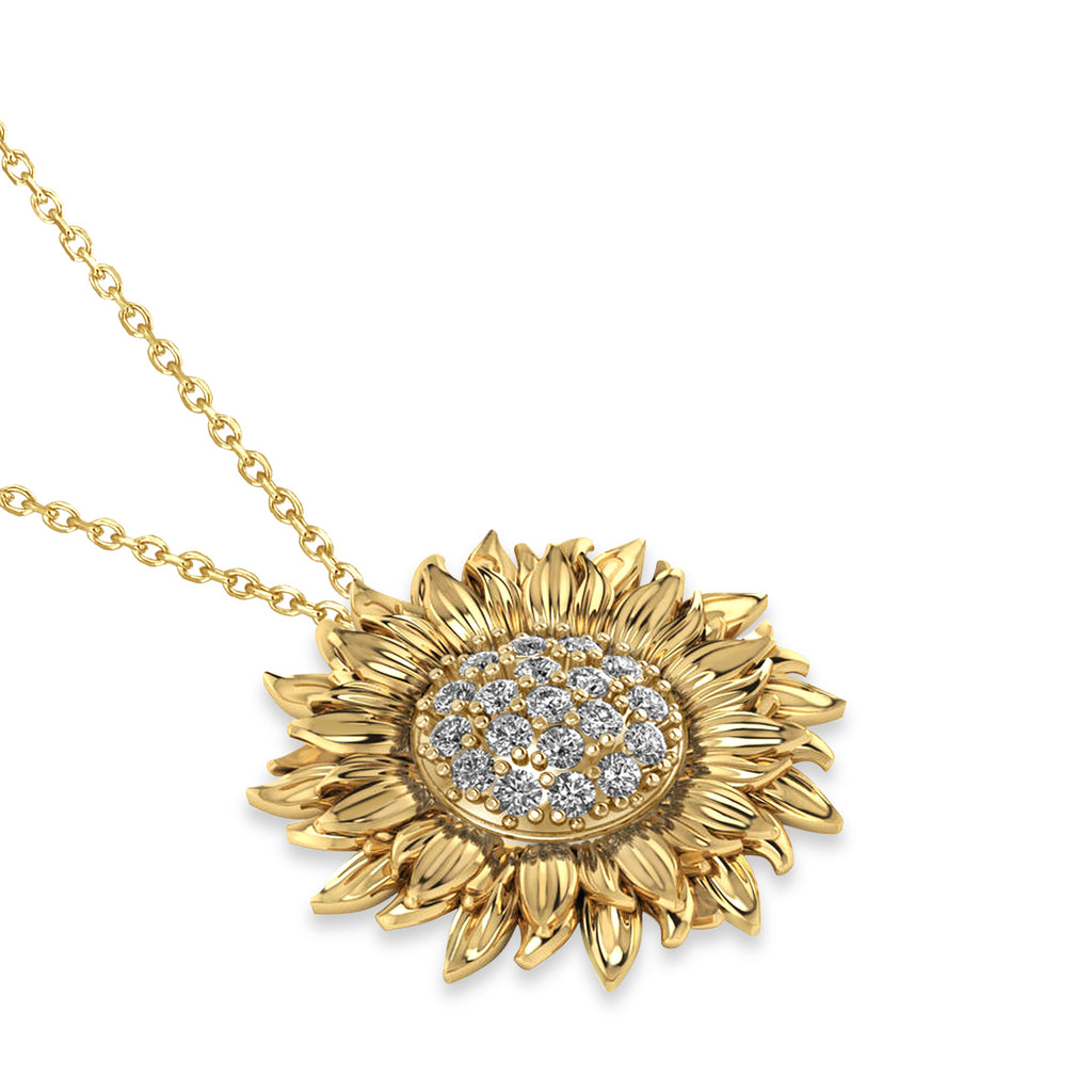 Large Sunflower Diamond Pendant Necklace 18k Yellow Gold (0.38ct)