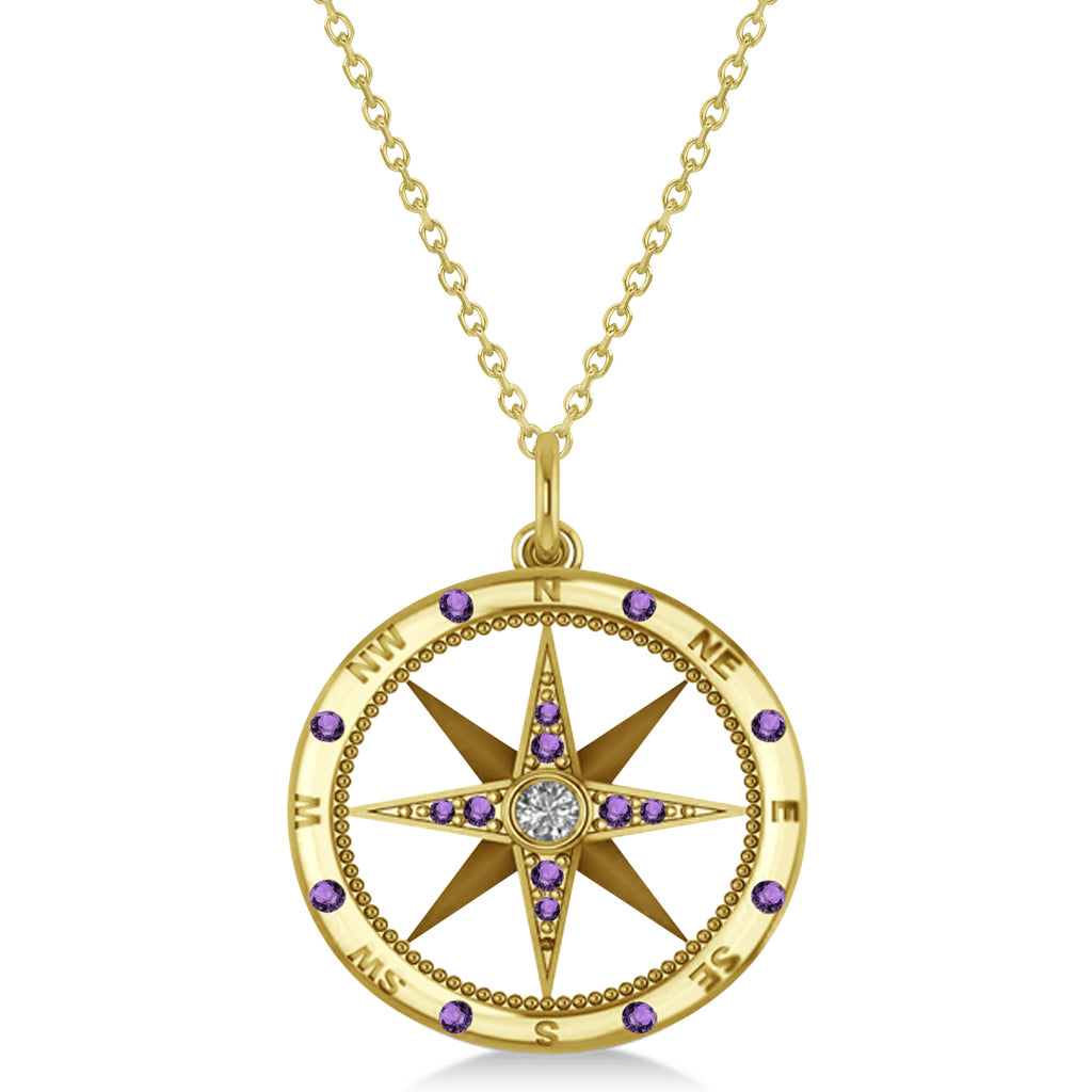 Compass Pendant Amethyst & Diamond Accented 18k Yellow Gold (0.19ct)