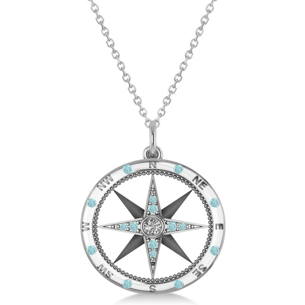 Compass Pendant Aquamarine & Diamond Accented 14k White Gold (0.19ct)