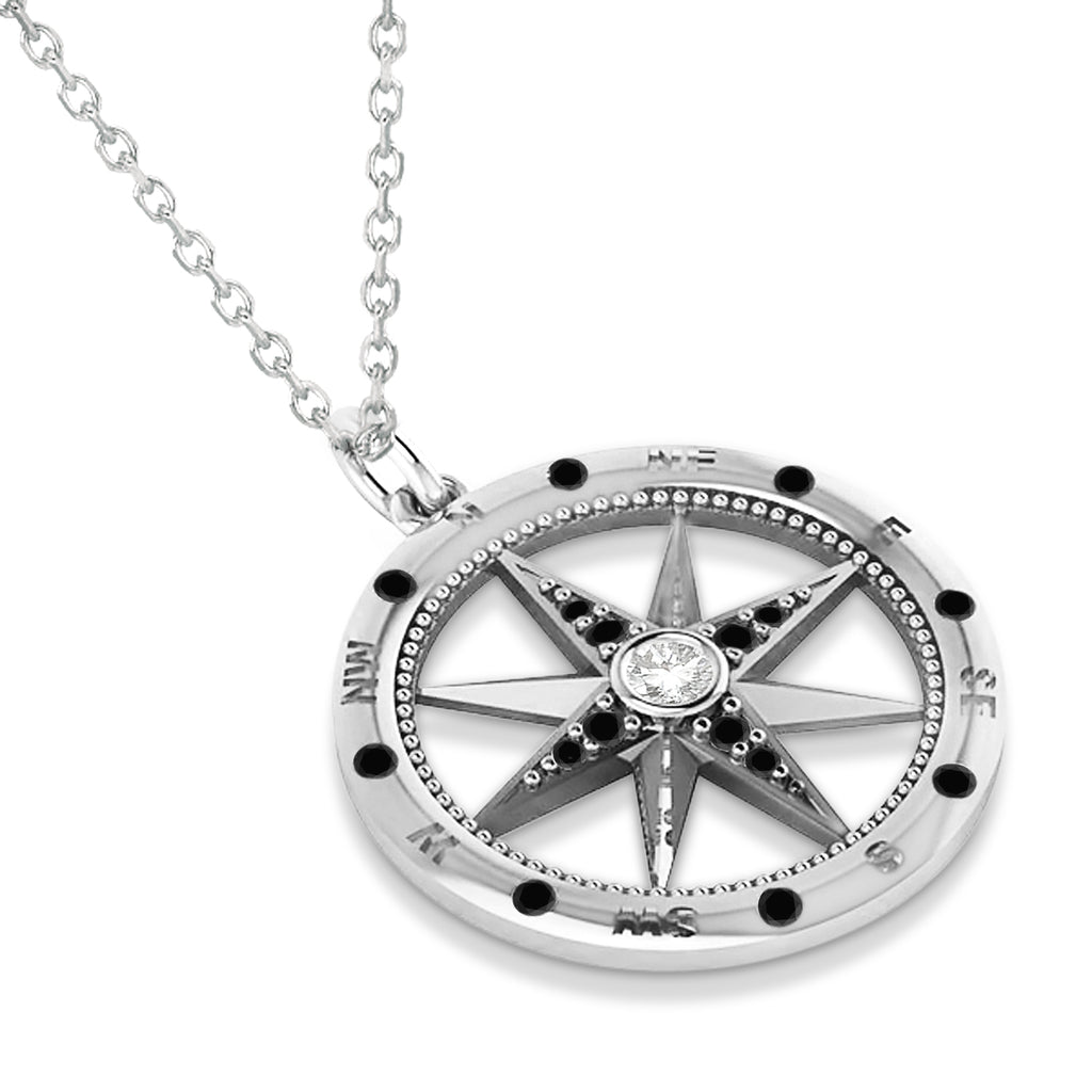 Compass Pendant Black & White Diamond Accented 18k White Gold (0.19ct)