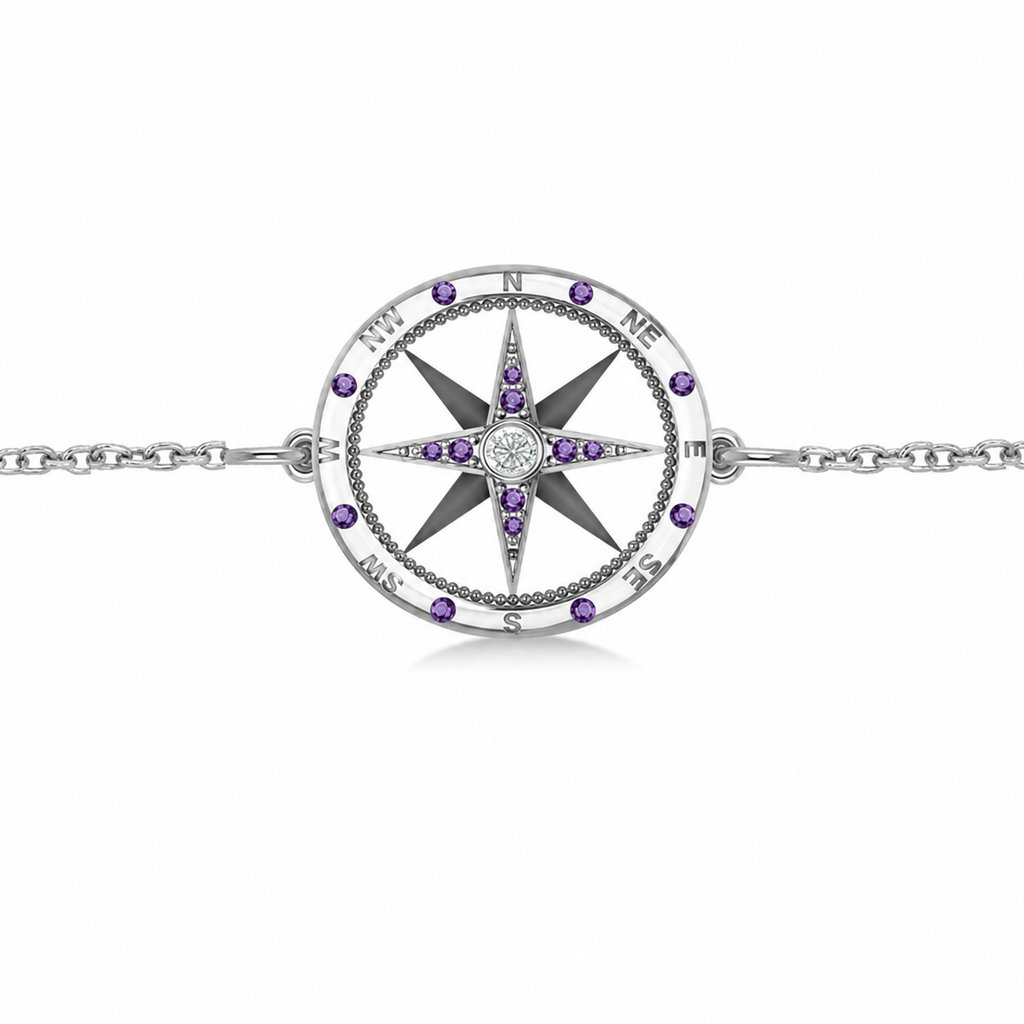 Amethyst & Diamond Nautical Compass Bracelet 14k White Gold (0.19ct)