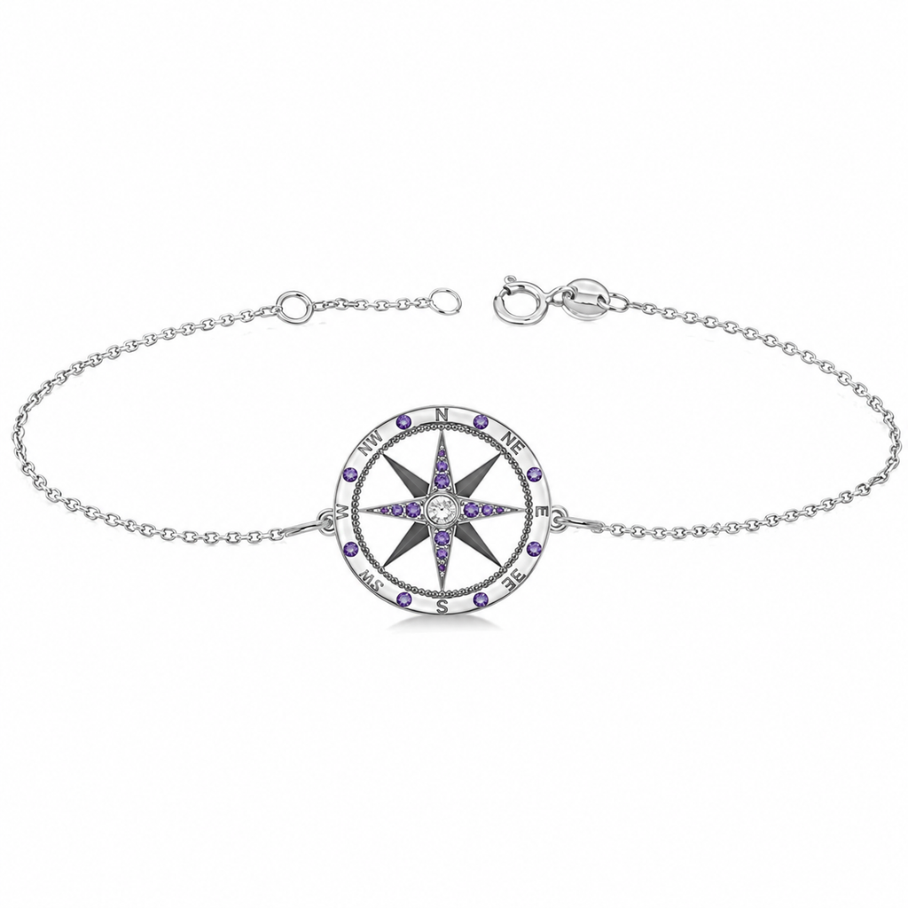 Amethyst & Diamond Nautical Compass Bracelet 14k White Gold (0.19ct)