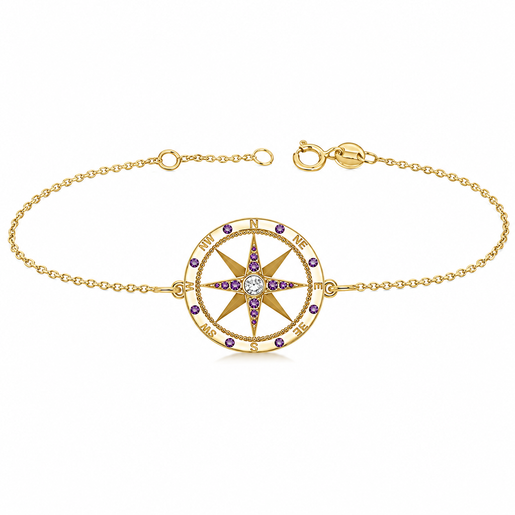 Amethyst & Diamond Nautical Compass Bracelet 14k Yellow Gold (0.19ct)