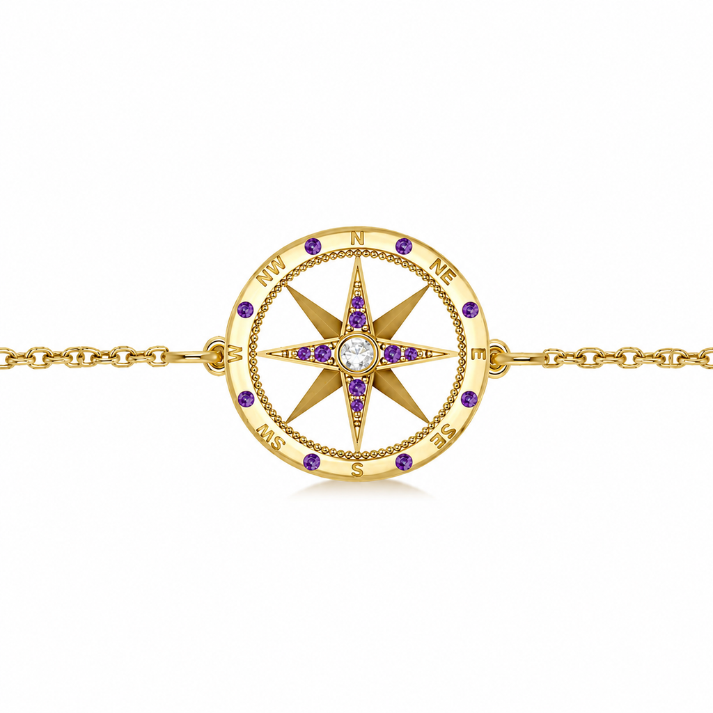 Amethyst & Diamond Nautical Compass Bracelet 14k Yellow Gold (0.19ct)