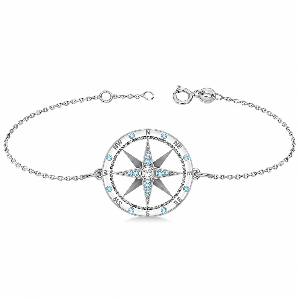 Aquamarine & Diamond Nautical Compass Bracelet 14k White Gold (0.19ct)