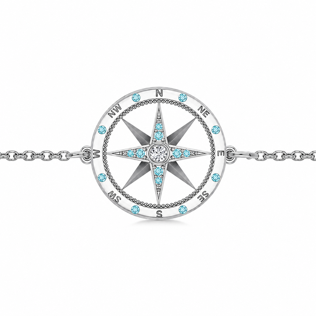 Aquamarine & Diamond Nautical Compass Bracelet 14k White Gold (0.19ct)