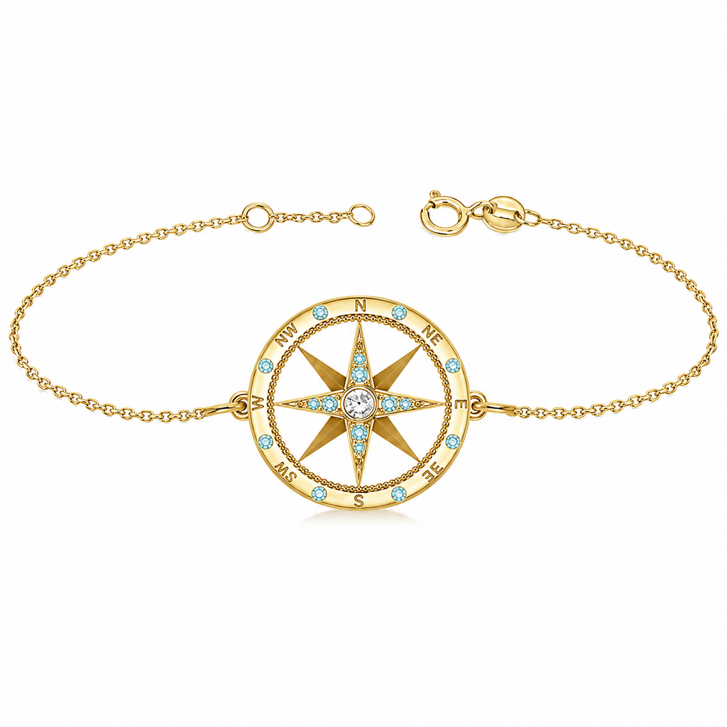Aquamarine & Diamond Nautical Compass Bracelet 14k Yellow Gold (0.19ct)