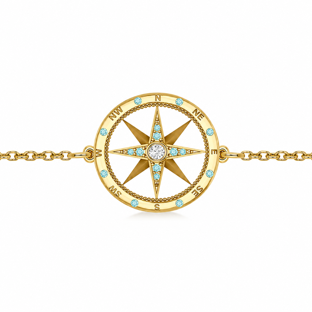 Aquamarine & Diamond Nautical Compass Bracelet 14k Yellow Gold (0.19ct)