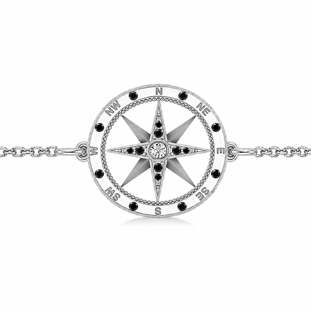 Black & White Diamond Nautical Compass Bracelet 14k White Gold (0.19ct)