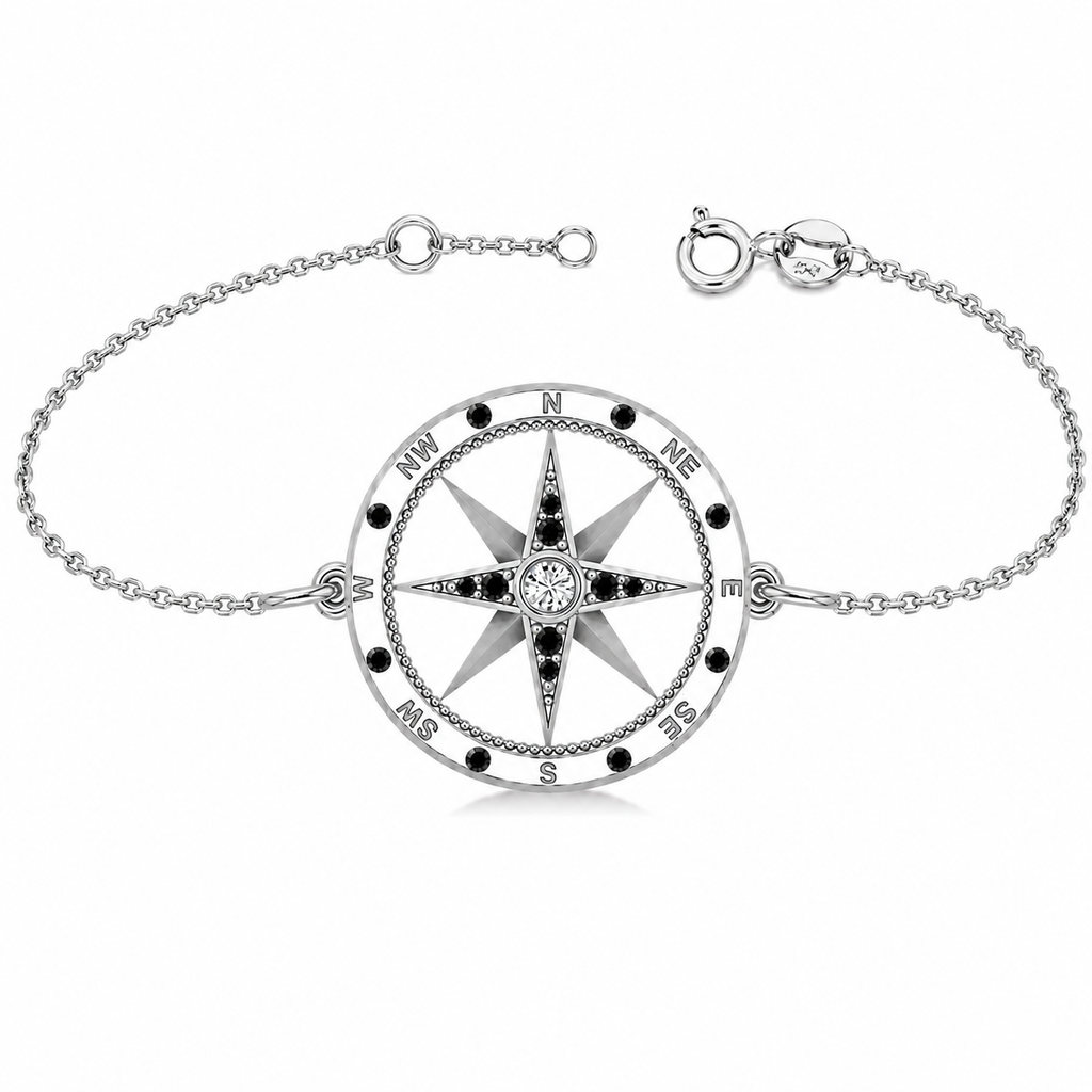 Black & White Diamond Nautical Compass Bracelet 14k White Gold (0.19ct)