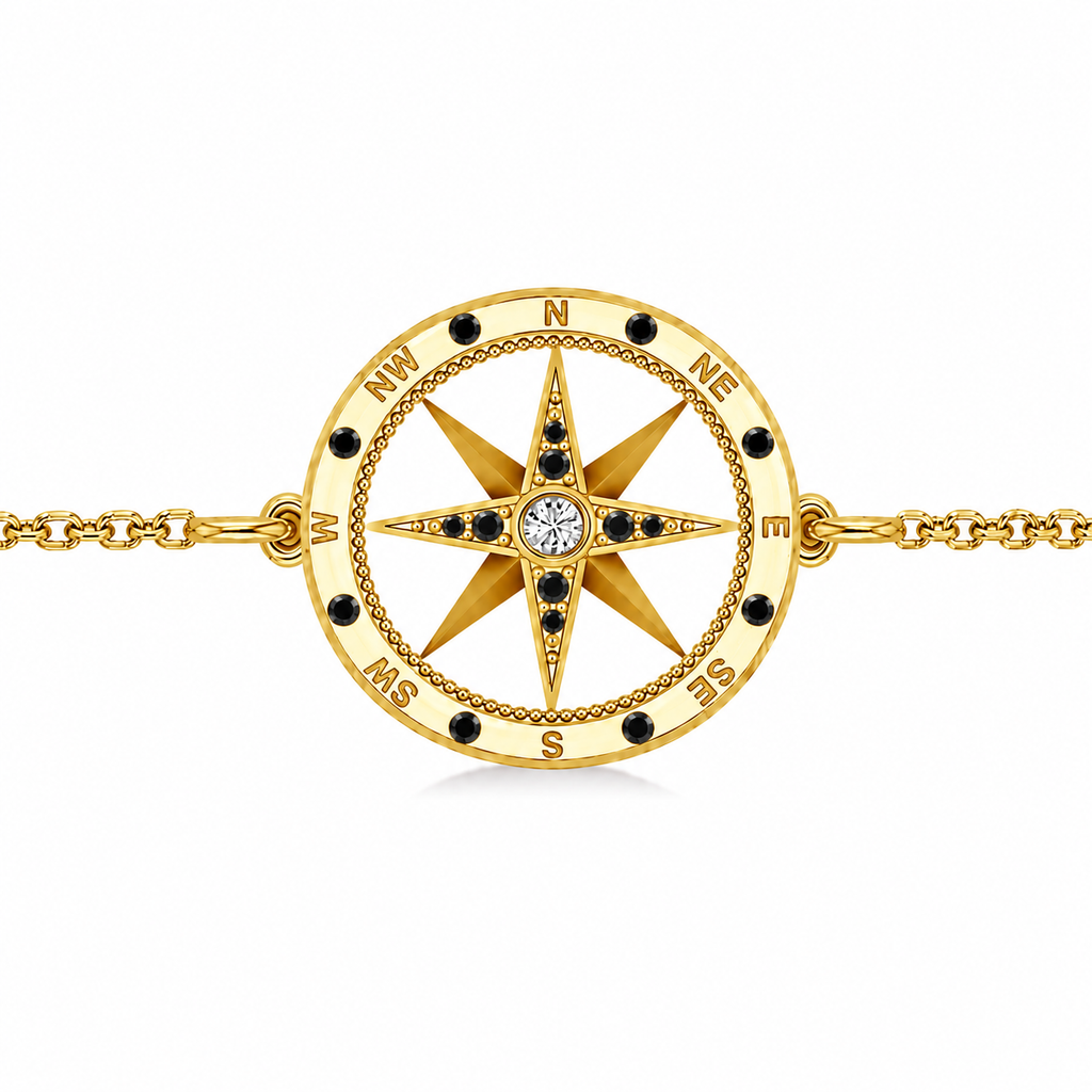 Black & White Diamond Nautical Compass Bracelet 14k Yellow Gold (0.19ct)
