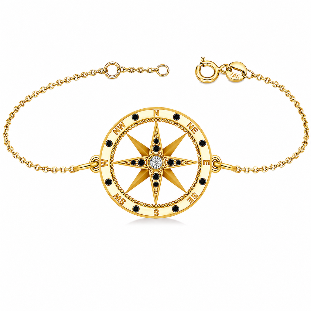 Black & White Diamond Nautical Compass Bracelet 14k Yellow Gold (0.19ct)