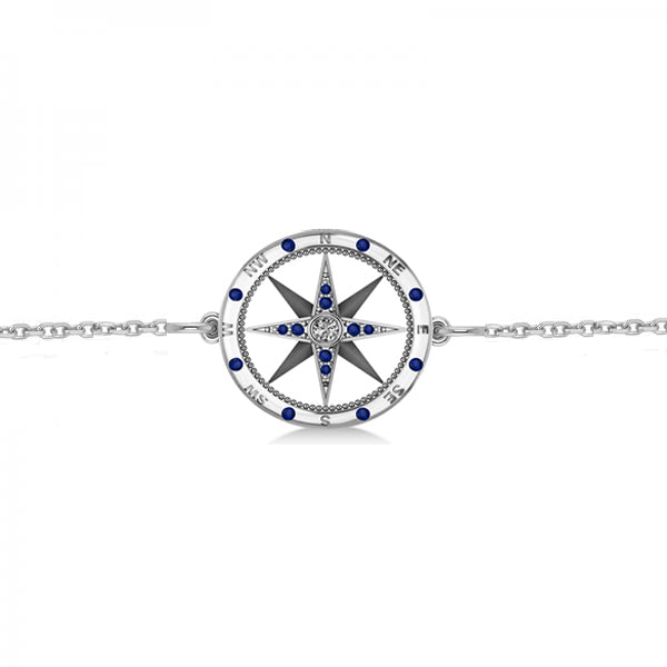 Blue Sapphire & Diamond Nautical Compass Bracelet 14k White Gold (0.19ct)