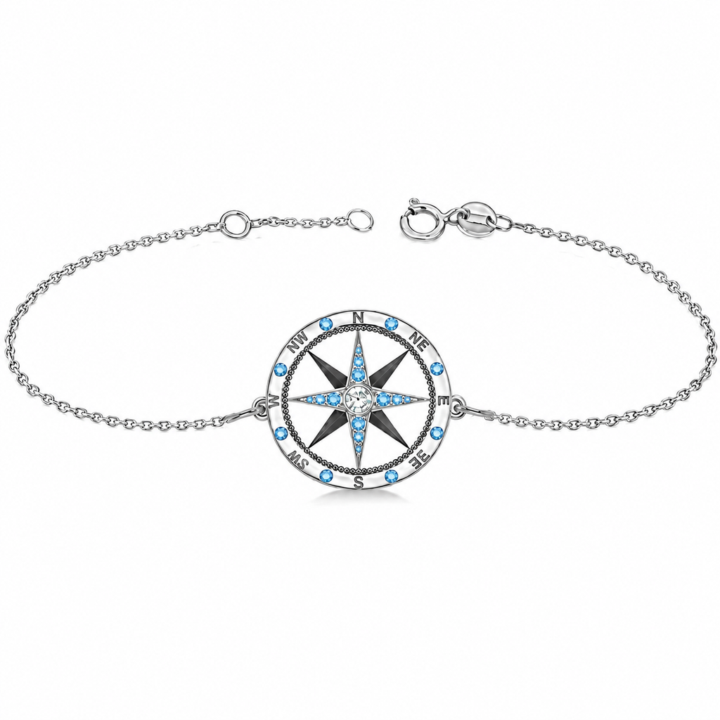 Blue Topaz & Diamond Nautical Compass Bracelet 14k White Gold (0.19ct)