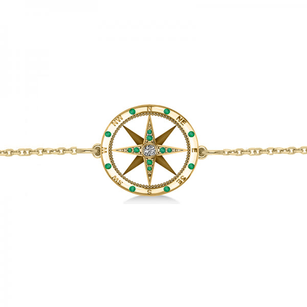 Emerald & Diamond Nautical Compass Bracelet 14k Yellow Gold (0.19ct)