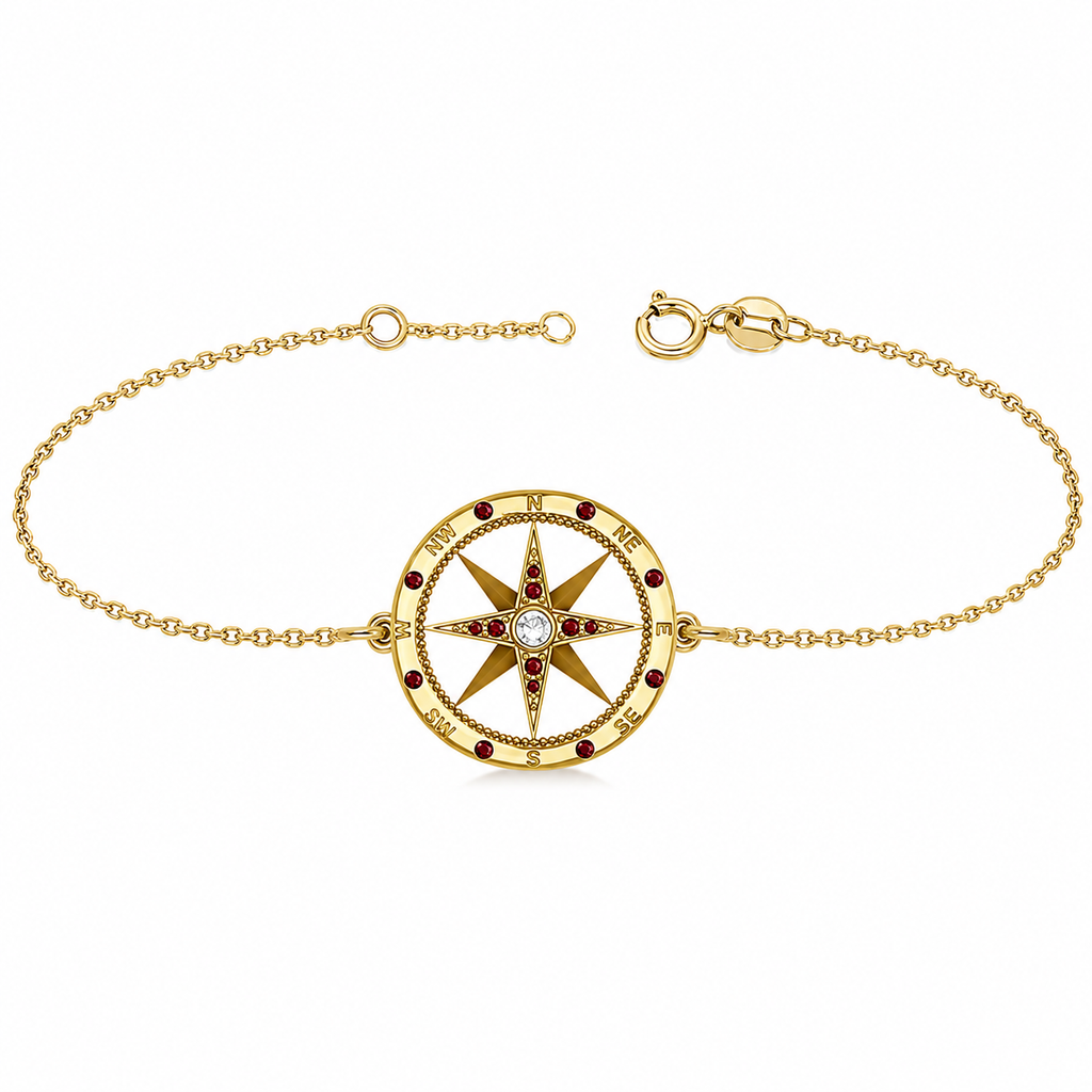 Garnet & Diamond Nautical Compass Bracelet 14k Yellow Gold (0.19ct)