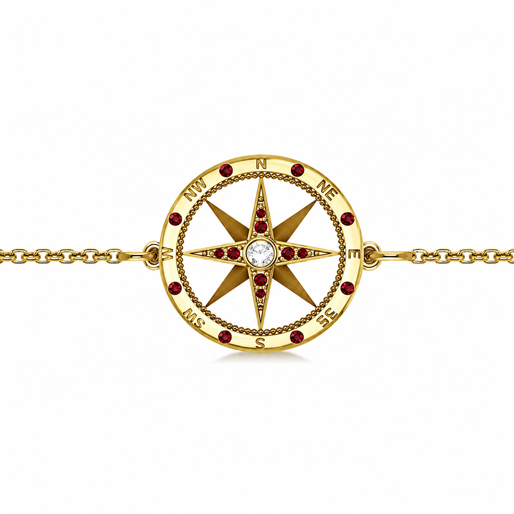 Garnet & Diamond Nautical Compass Bracelet 14k Yellow Gold (0.19ct)