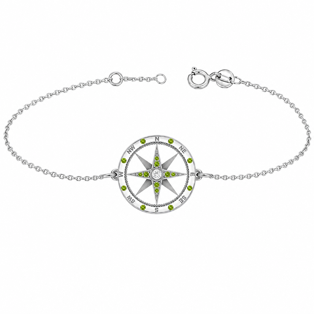 Peridot & Diamond Nautical Compass Bracelet 14k White Gold (0.19ct)