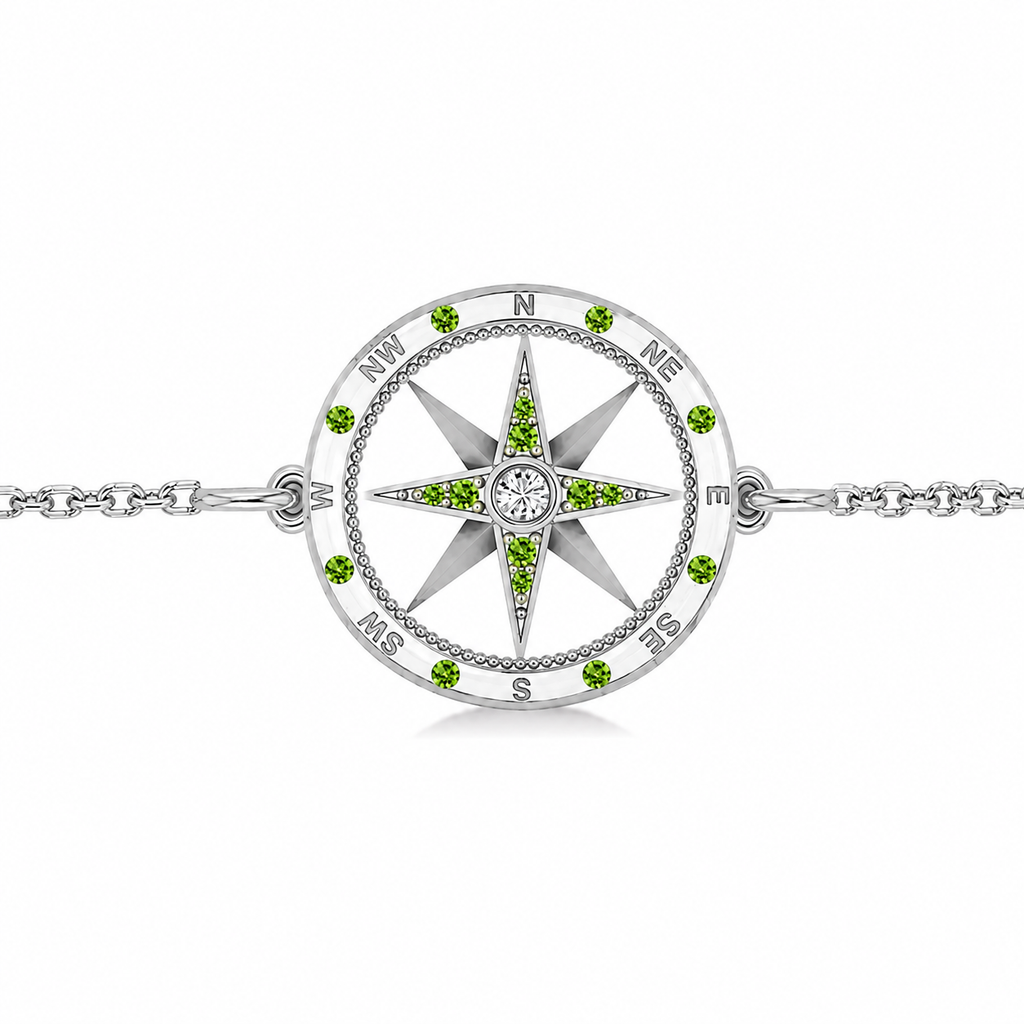 Peridot & Diamond Nautical Compass Bracelet 14k White Gold (0.19ct)
