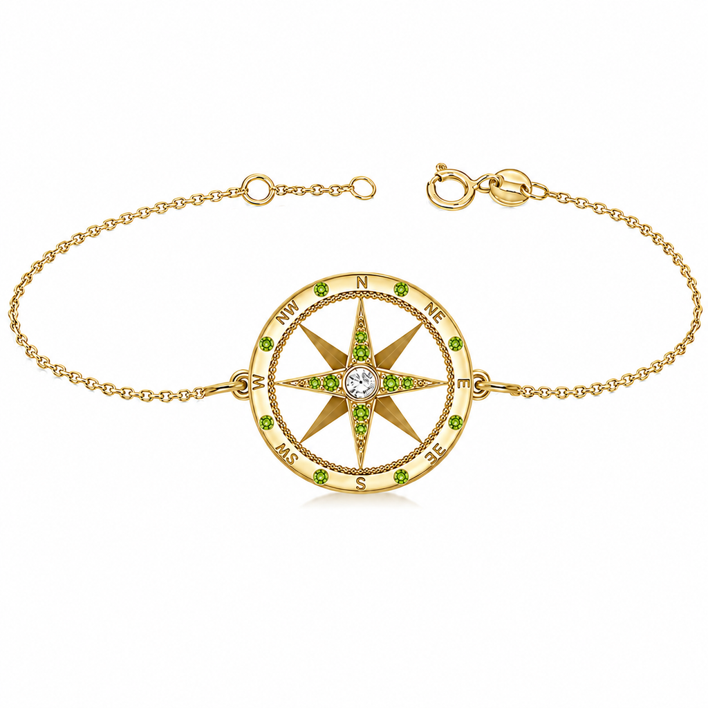 Peridot & Diamond Nautical Compass Bracelet 14k Yellow Gold (0.19ct)
