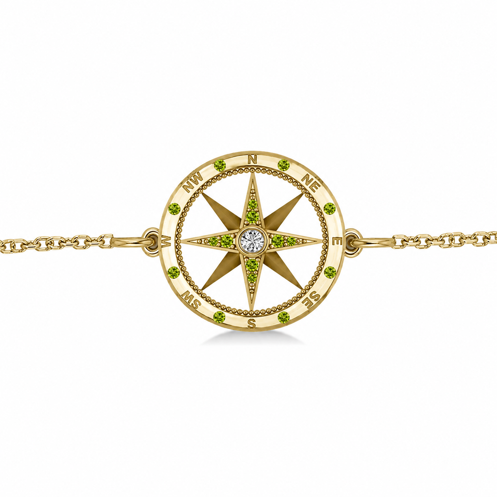 Peridot & Diamond Nautical Compass Bracelet 14k Yellow Gold (0.19ct)