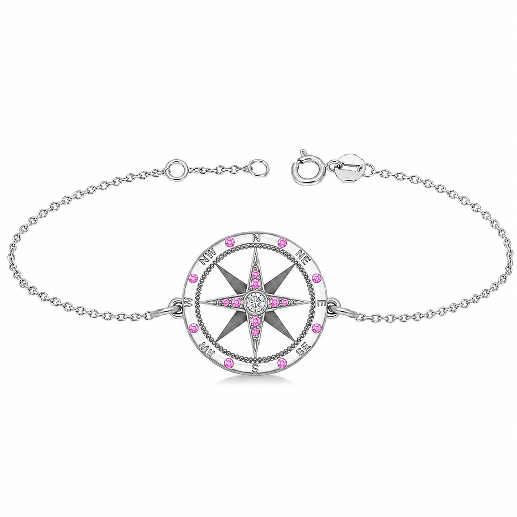 Pink Sapphire & Diamond Nautical Compass Bracelet 14k White Gold (0.19ct)