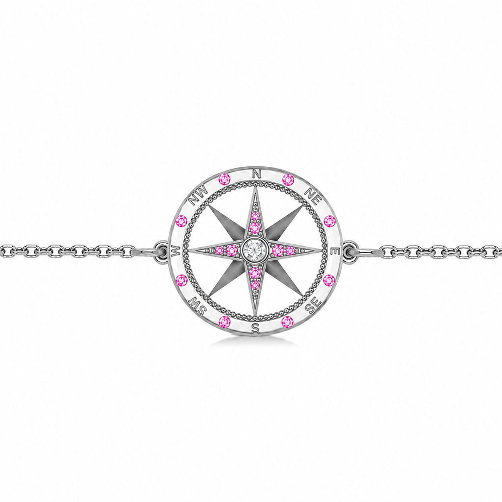 Pink Sapphire & Diamond Nautical Compass Bracelet 14k White Gold (0.19ct)
