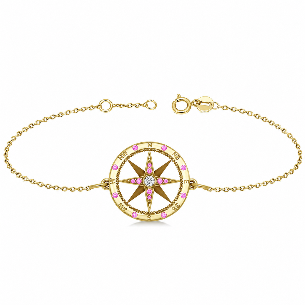 Pink Sapphire & Diamond Nautical Compass Bracelet 14k Yellow Gold (0.19ct)