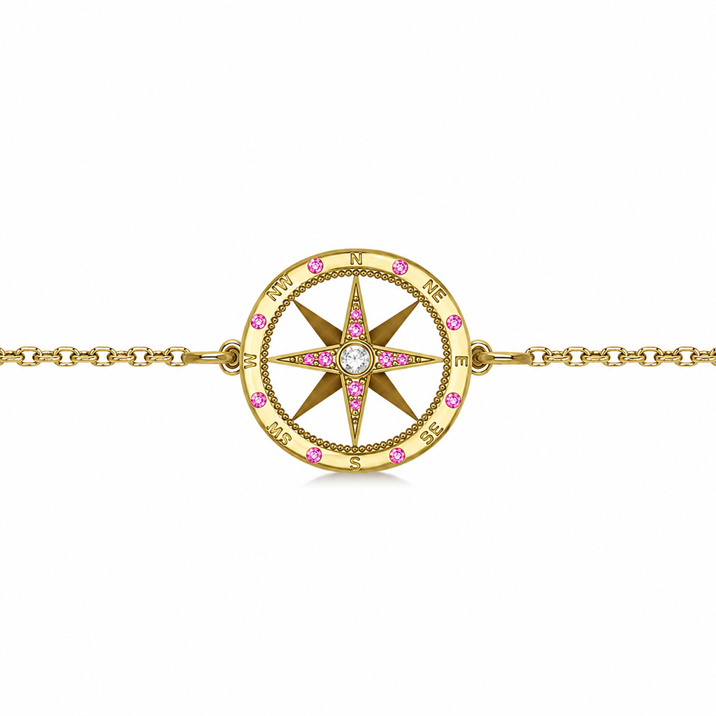 Pink Sapphire & Diamond Nautical Compass Bracelet 14k Yellow Gold (0.19ct)