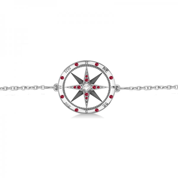 Ruby & Diamond Nautical Compass Bracelet 14k White Gold (0.19ct)