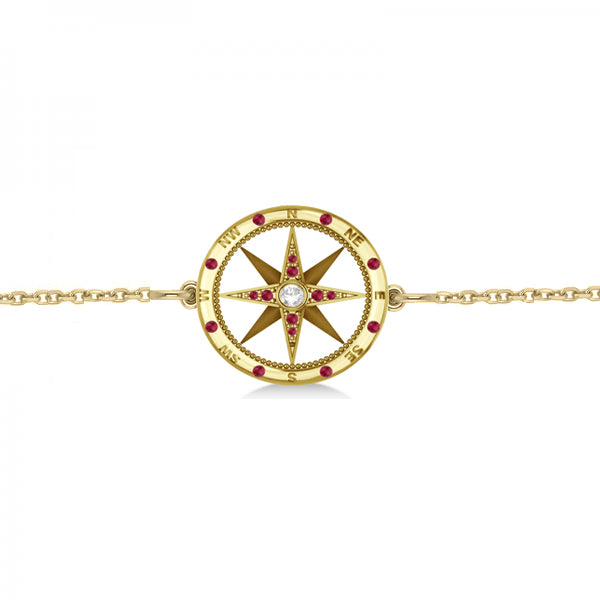 Ruby & Diamond Nautical Compass Bracelet 14k Yellow Gold (0.19ct)