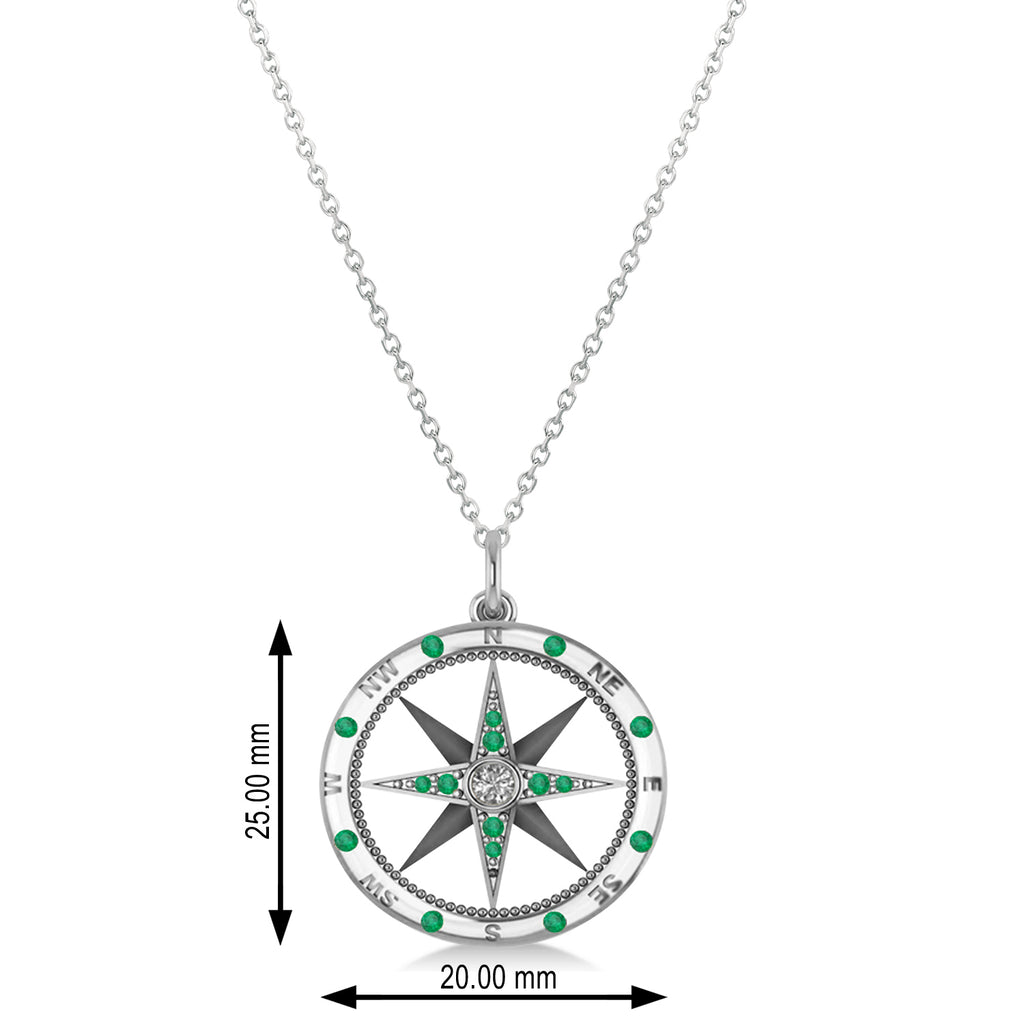 Compass Pendant Emerald & Diamond Accented 14k White Gold (0.19ct)