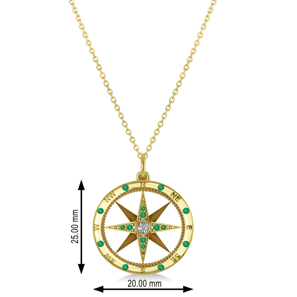 Compass Pendant Emerald & Diamond Accented 14k Yellow Gold (0.19ct)